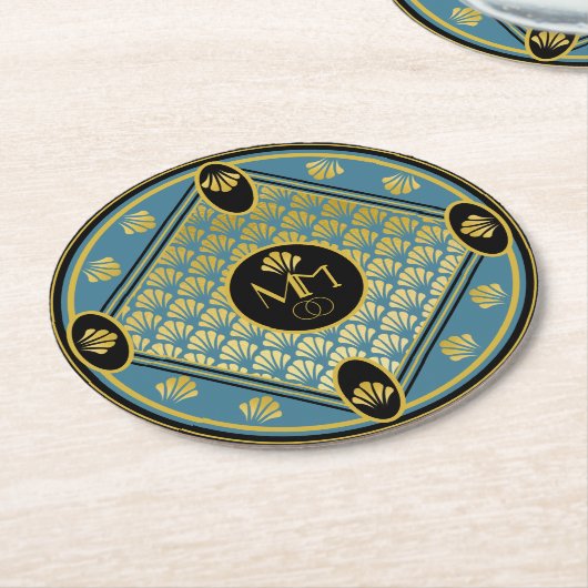 Elegant Art Deco Fan Pattern Monogram Weddenschap Ronde Kartonnen Onderzetter (Gebogen)