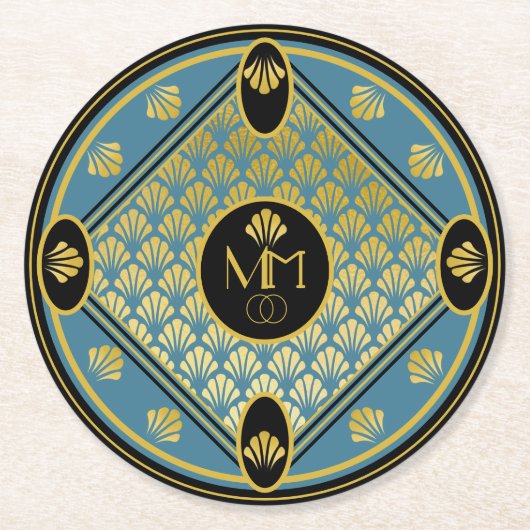 Elegant Art Deco Fan Pattern Monogram Weddenschap Ronde Kartonnen Onderzetter (Voorkant)