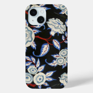ELEGANT ART DECO FLORAL, BLUE WHITE ROSES IN BLACK iPhone 15 CASE