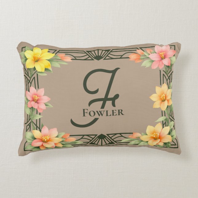 Elegant Art Deco Floral Monogram Family Name Accent Kussen (Voorkant)