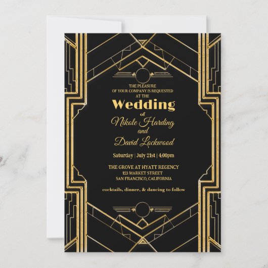 Elegant Art Deco Gatsby Wedding Invitation Kaart (Voorkant)