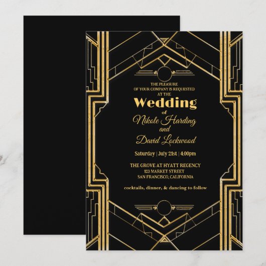 Elegant Art Deco Gatsby Wedding Invitation Kaart (Voorkant / Achterkant)