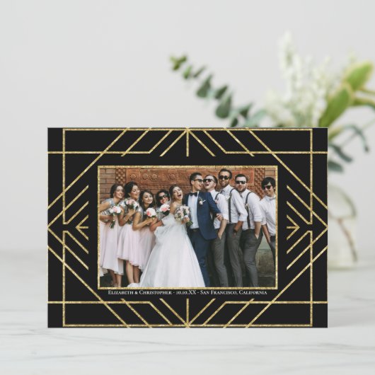 Elegant Art Deco Gold Black Foto bedankt Save The Date (Staand voorkant)