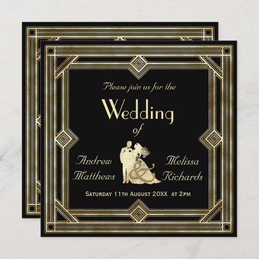 Elegant Art Deco Gold Black Wedding Kaart (Voorkant / Achterkant)