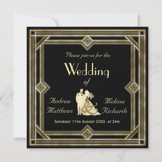 Elegant Art Deco Gold Black Wedding Kaart (Voorkant)