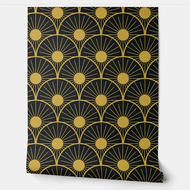 Elegant Art Deco Gold Sun Pattern on Black  Behang (Afrollen)
