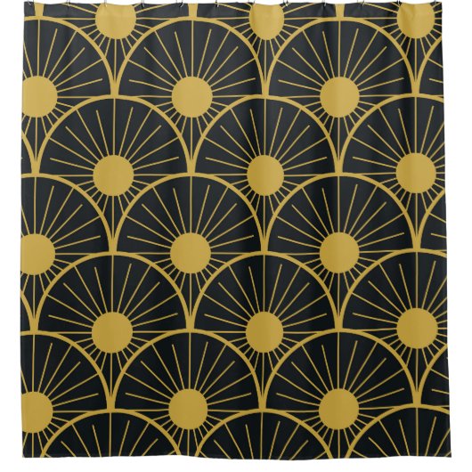 Elegant Art Deco Gold Sun Pattern on Black Douchegordijn (Voorkant)