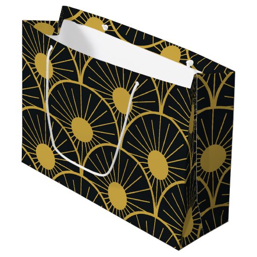 Elegant Art Deco Gold Sun Pattern on Black Groot Cadeauzakje (Voorkant Gekanteld)