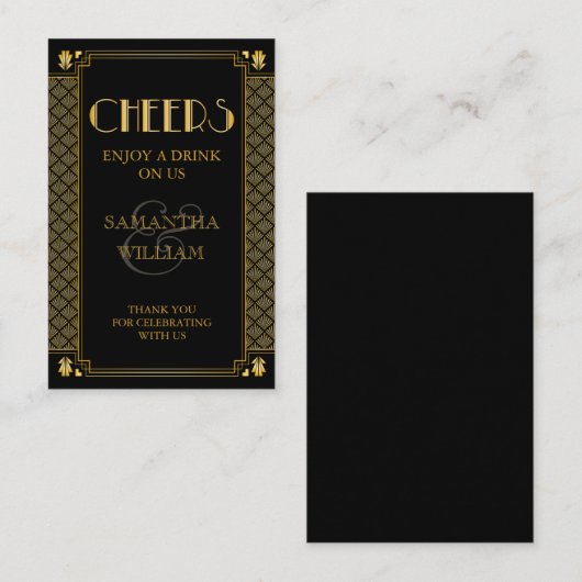  Elegant Art Deco Gold Wedding Drink Ticket (Voorkant / Achterkant)