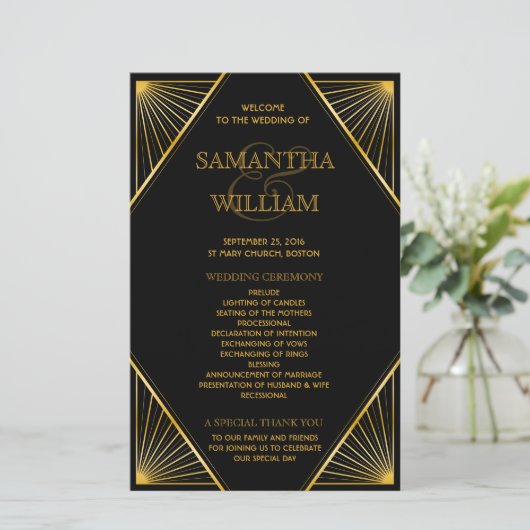  Elegant Art Deco Gold Wedding Program (Staand voorkant)