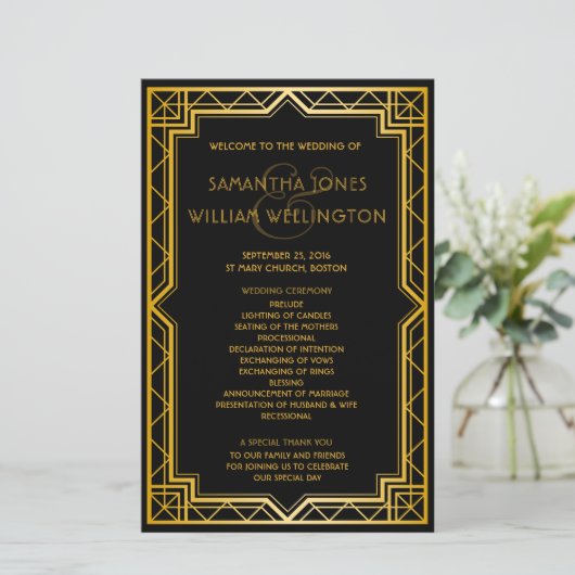  Elegant Art Deco Gold Wedding Program (Staand voorkant)