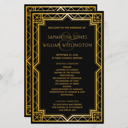  Elegant Art Deco Gold Wedding Program (Voorkant / Achterkant)