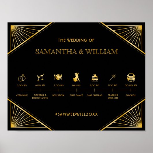 Elegant Art Deco Gold Wedding Tijdschema Poster (Voorkant)