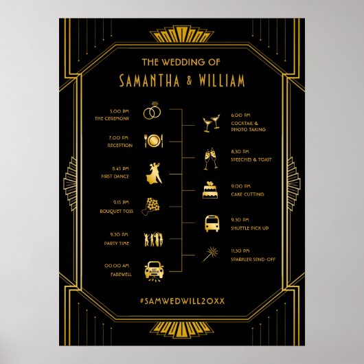 Elegant Art Deco Gold Wedding Tijdschema Poster (Voorkant)