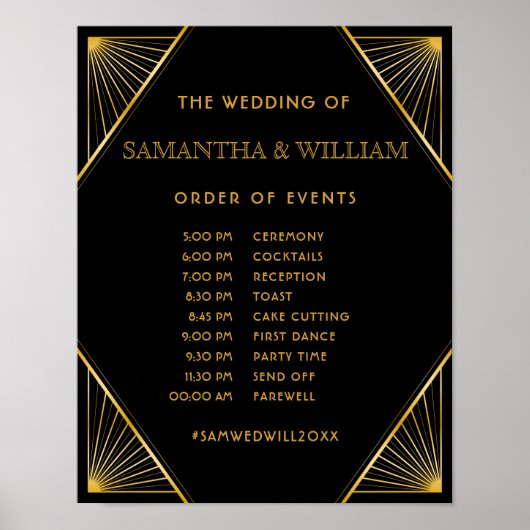  Elegant Art Deco Gold Wedding Tijdschema Poster (Voorkant)