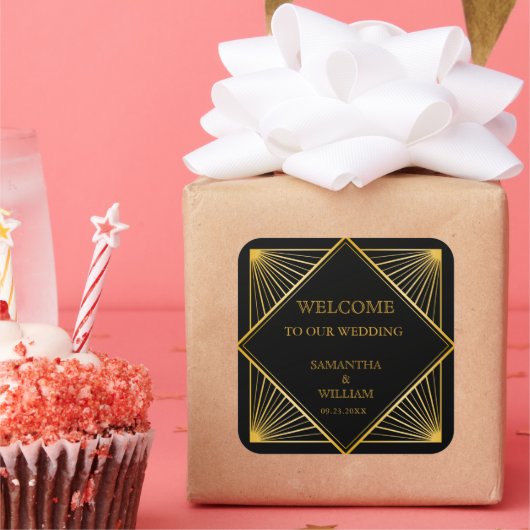  Elegant Art Deco Gold Wedding Welkomsttas Vierkante Sticker (Feest)