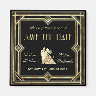 Elegant Art Deco Goud Zwart Save the Date Magneet