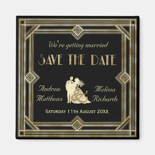Elegant Art Deco Goud Zwart Save the Date Magneet (Voorkant)