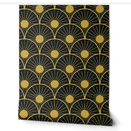 Elegant Art Deco gouden zonpatroon op zwart Behang