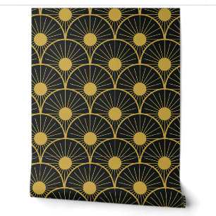 Elegant Art Deco gouden zonpatroon op zwart Behang