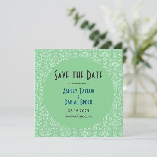 Elegant Art Deco Green Damask Formele ronde Wedden Save The Date (Staand voorkant)