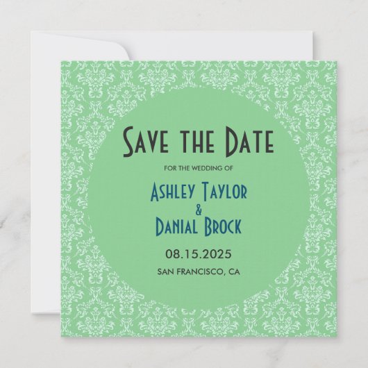 Elegant Art Deco Green Damask Formele ronde Wedden Save The Date (Voorkant)