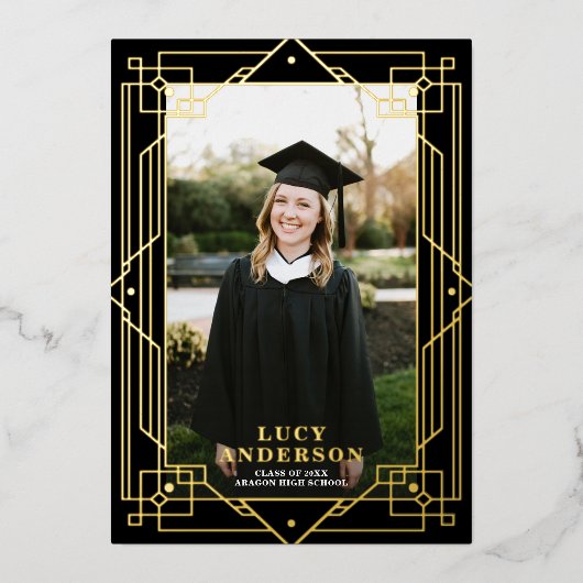 Elegant Art Deco Lijst Foto Afstuderen REAL Folie Uitnodiging (Voorkant)