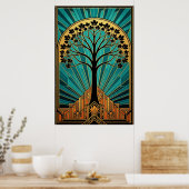 Elegant Art Deco Maple Tree Silhouette Gold Teal Poster (Keuken)