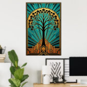 Elegant Art Deco Maple Tree Silhouette Gold Teal Poster (Thuiskantoor)