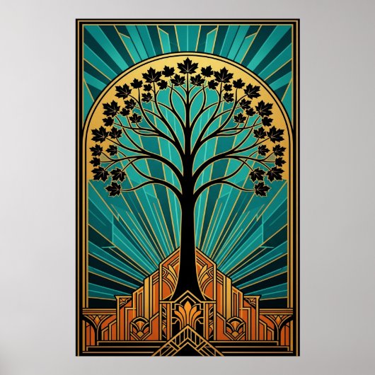 Elegant Art Deco Maple Tree Silhouette Gold Teal Poster (Voorkant)