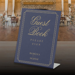 Elegant Art Deco marineblauw en goud gastenboek Reclamebord Met Voetstuk