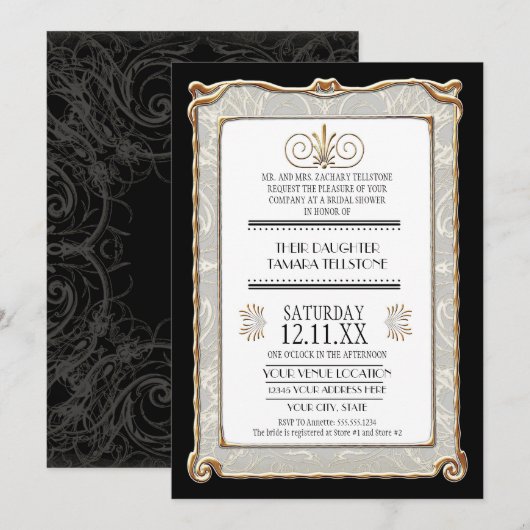 Elegant Art Deco Nouveau Gatsby Gold Lace Wedding Kaart (Voorkant / Achterkant)