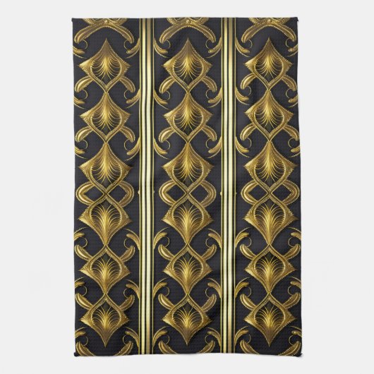 Elegant art deco patroon in zwart en goud theedoek (Verticaal)