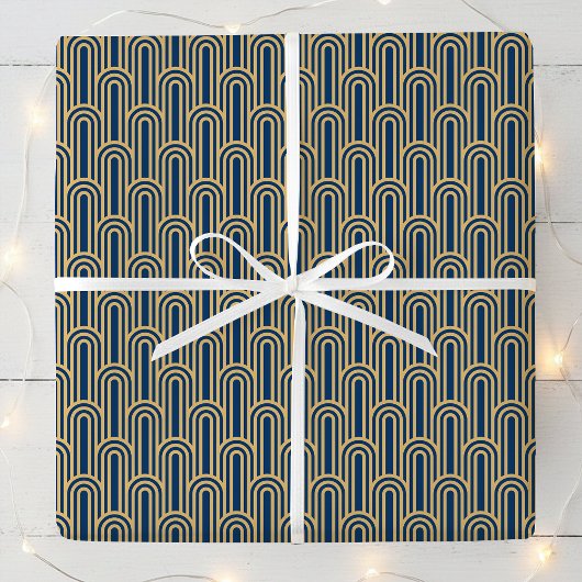 Elegant Art Deco Pattern Arches Navy Gold Chic Cadeaupapier