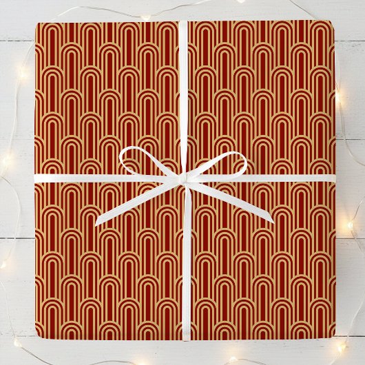 Elegant Art Deco Pattern Arches Red Gold Chic Cadeaupapier
