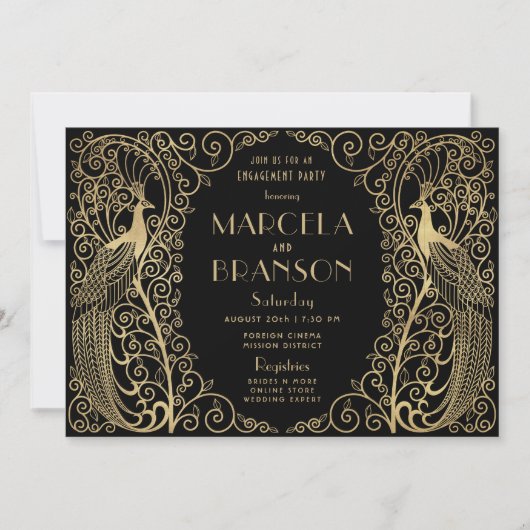 Elegant Art Deco Peacocks Gold Engagement Party Kaart (Voorkant)