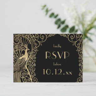 Elegant Art Deco Peacocks Gold RSVP Kaart