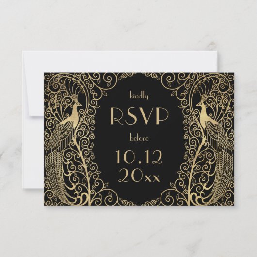 Elegant Art Deco Peacocks Gold RSVP Uitnodiging (Voorkant)