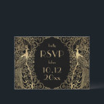 Elegant Art Deco Peacocks Gold RSVP Uitnodiging<br><div class="desc">Kunstdeco pauw goud boven aangepaste kleur. Alle tekst kan worden bewerkt. maaltijdopties aan de achterkant.</div>