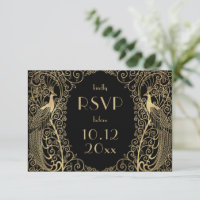 Elegant Art Deco Peacocks Gold RSVP Uitnodiging