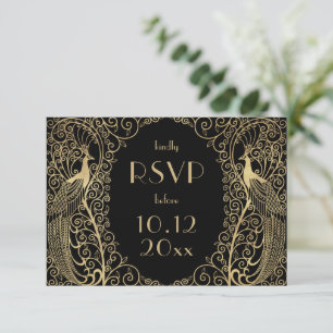 Elegant Art Deco Peacocks Gold RSVP Uitnodiging