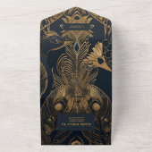 Elegant Art Deco Peacocks Wedding All In One Uitnodiging (Buitenkant)