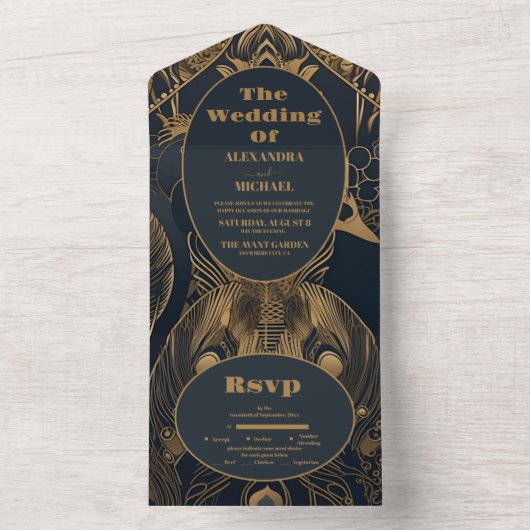Elegant Art Deco Peacocks Wedding All In One Uitnodiging (Binnen)