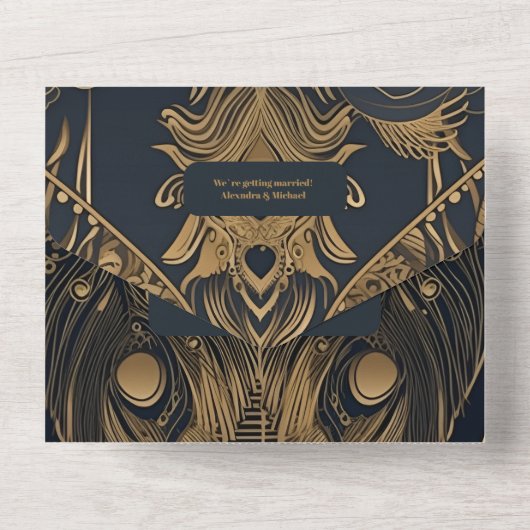 Elegant Art Deco Peacocks Wedding All In One Uitnodiging (Achterkant)