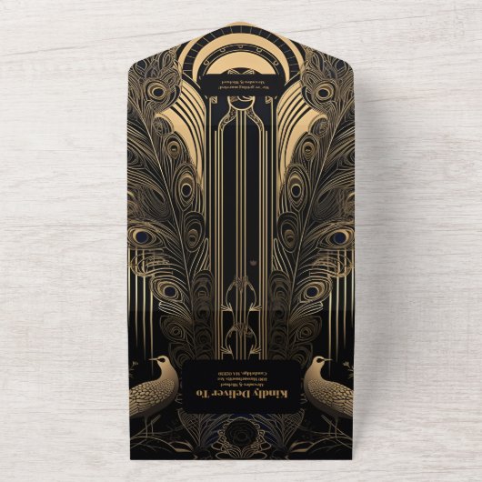 Elegant Art Deco Peacocks Wedding All In One Uitnodiging (Buitenkant)