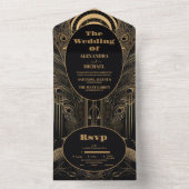 Elegant Art Deco Peacocks Wedding All In One Uitnodiging (Binnen)