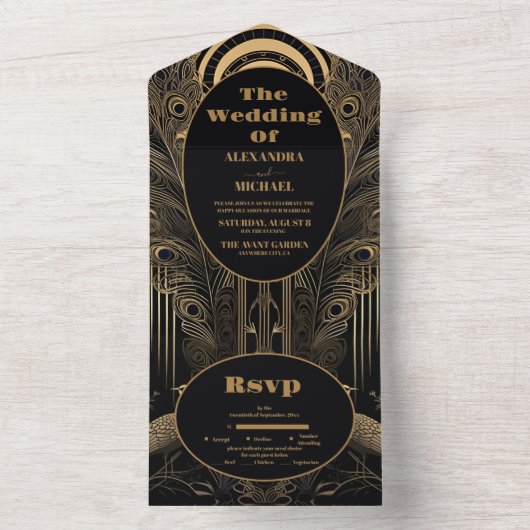 Elegant Art Deco Peacocks Wedding All In One Uitnodiging (Binnen)