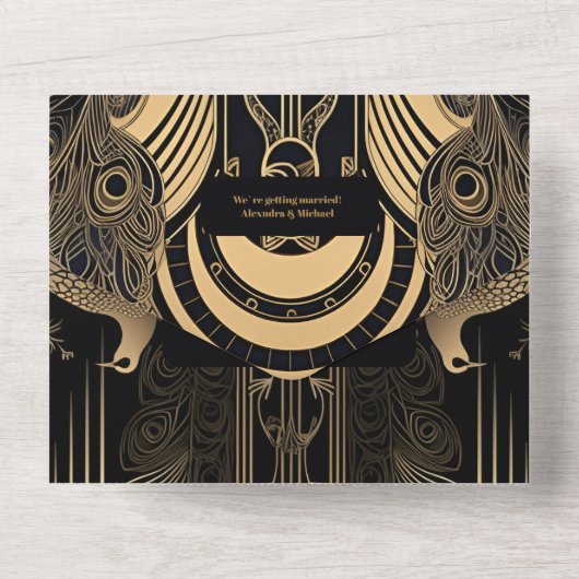 Elegant Art Deco Peacocks Wedding All In One Uitnodiging (Achterkant)