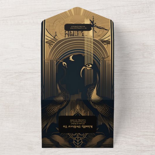 Elegant Art Deco Peacocks Wedding All In One Uitnodiging (Buitenkant)