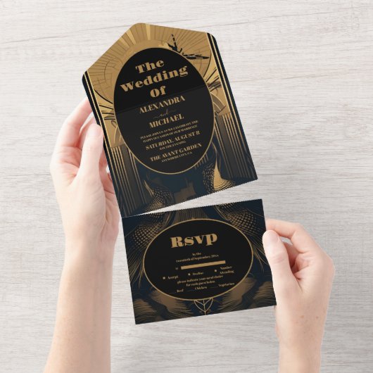 Elegant Art Deco Peacocks Wedding All In One Uitnodiging (Afscheurbaar)